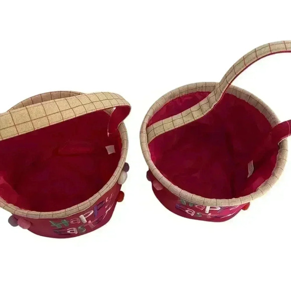 Embroidered Bunny Happy Easter Basket Canvas Pink With Handle 10" - Picture 2 of 6